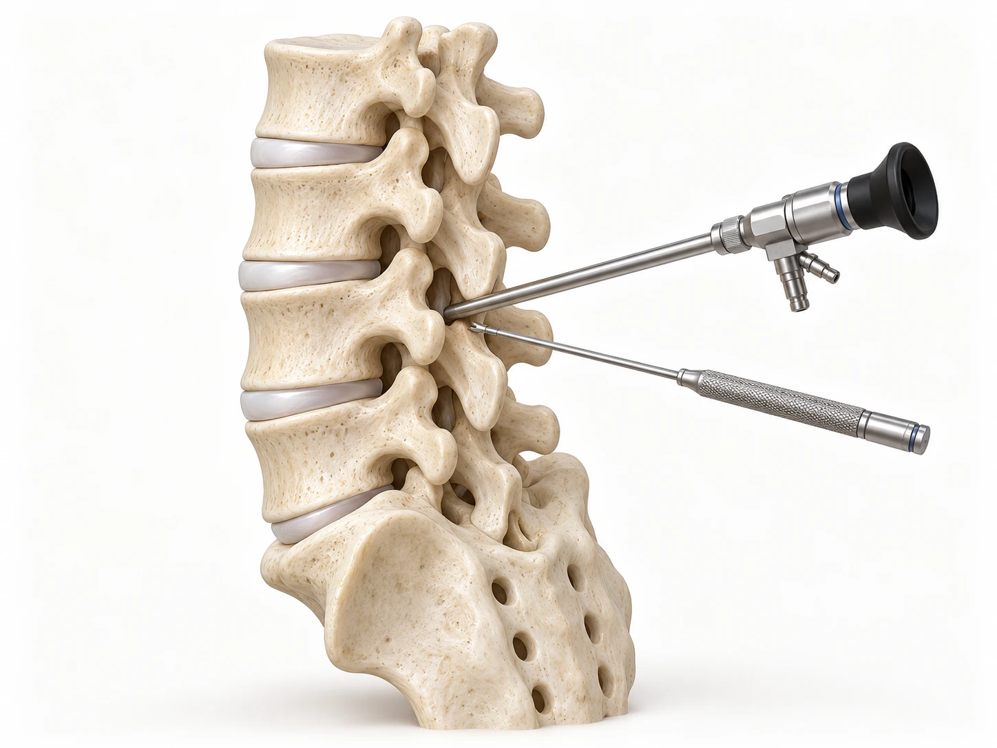 Illustrazione di colonna vertebrale con strumento endoscopico mininvasivo